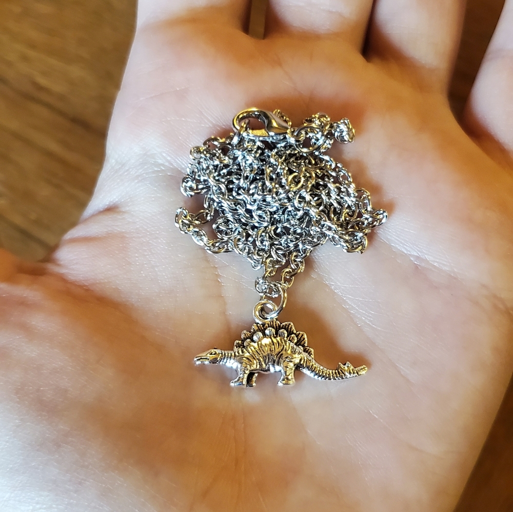 New Dainty Silver Stegosaurus Dinosaur Necklace - Picture 5 of 10